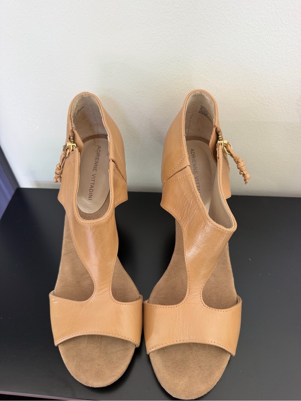 Adrienne Vittadini Tan Leather T-Strap Heels with Ankle Buckle